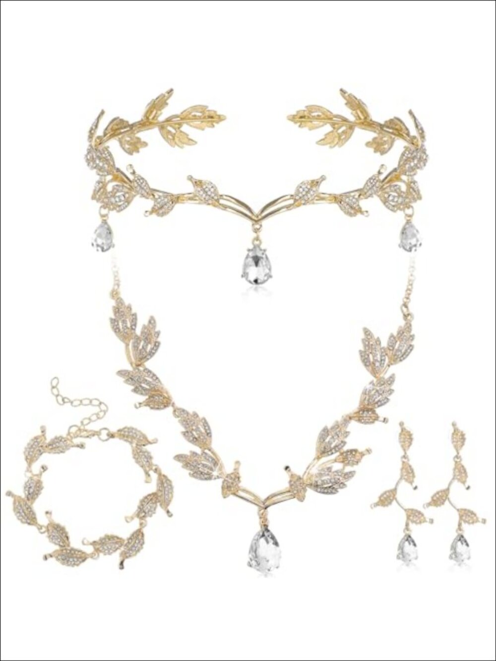 Rhinestone Leaf Tiara Crown Necklace Earrings Bracelet Jewelry Set